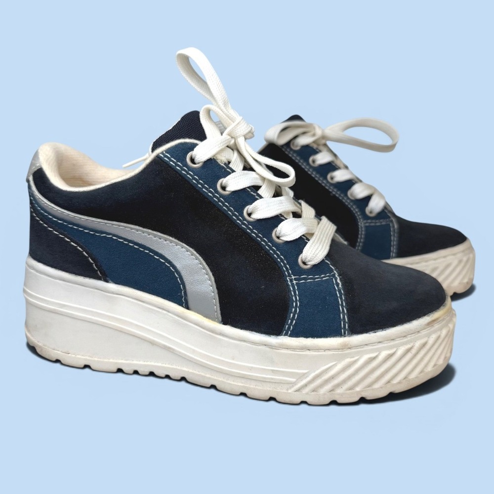 Lower East Side Y2K Platform Wedge Sneakers Womens 6.5 Navy Blue Silver